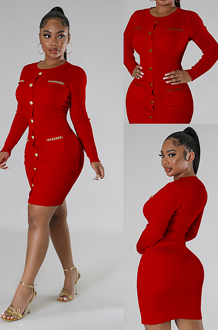 SUPER WHOLESALE | Button Up Pit Material Bodycon Dress in Red