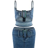 SUPER WHOLESALE | Buckle Decor Denim Tanks Skirt Set
