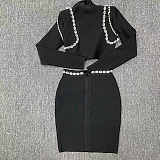 SUPER WHOLESALE | Lapel Rhinestone Studded Long Sleeve Blazer Jacket + High-Waisted A-line Skirt
