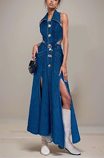 SUPER WHOLESALE | Sleeveless Single-Breasted A-Line Denim Maxi Dress with Front Slit