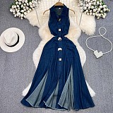SUPER WHOLESALE | Sleeveless Single-Breasted A-Line Denim Maxi Dress with Front Slit