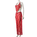 SUPER WHOLESALE | Lace Halter Top & Long Skirt Set in Scarlet