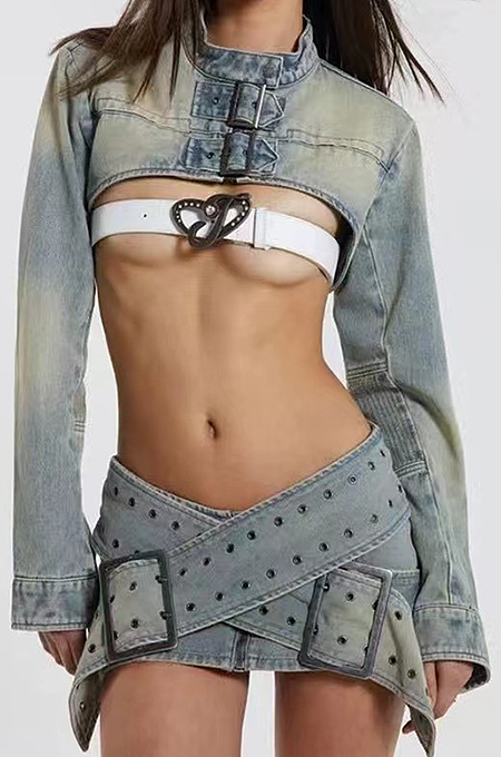 SUPER WHOLESALE | Stylish Denim Skirt Set with Crop Top & Buckle Skirt