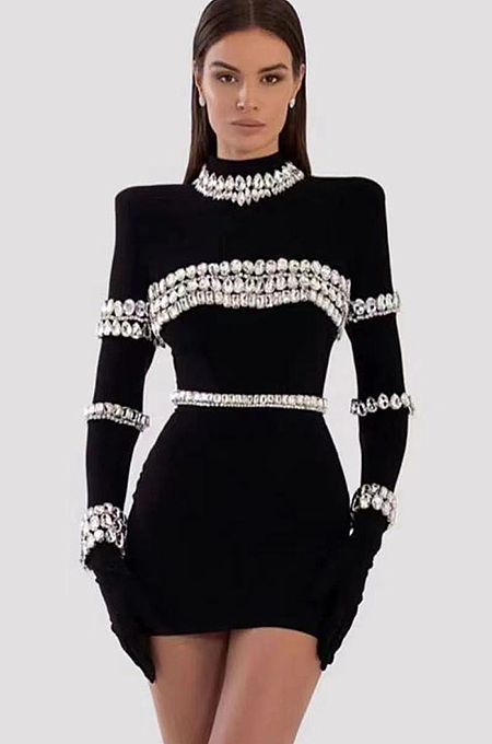 SUPER WHOLESALE | Rhinestone Decor Long Sleeve Dress