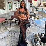 SUPER WHOLESALE | Lace See-through Floor-length  2 Piece Skirt Set with Chain