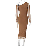 SUPER WHOLESALE | Asymmetric Shoulder Patchwork Long Dress in Brown