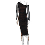 SUPER WHOLESALE | Asymmetric Shoulder Patchwork Long Dress in Black