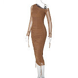 SUPER WHOLESALE | Asymmetric Shoulder Patchwork Long Dress in Brown