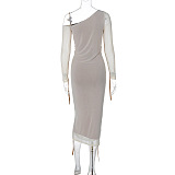 SUPER WHOLESALE | Asymmetric Shoulder Patchwork Long Dress in White