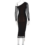 SUPER WHOLESALE | Asymmetric Shoulder Patchwork Long Dress in Black