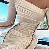 SUPER WHOLESALE | Asymmetric Shoulder Patchwork Long Dress in White