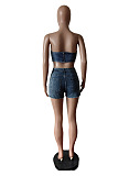 SUPER WHOLESALE | Denim Embossed Bandeau Shorts Set