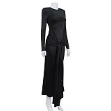 SUPER WHOLESALE |  Self-tied Round Neck Long Dress in Black