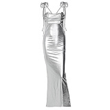 SUPER WHOLESALE | Open Back Maxi Dress in Silver