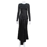 SUPER WHOLESALE |  Self-tied Round Neck Long Dress in Black