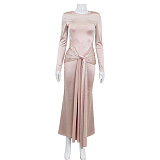 SUPER WHOLESALE |  Self-tied Round Neck Long Dress in Rose Pink