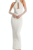 SUPER WHOLESALE | Rose Nect Decor Halter Long Dress