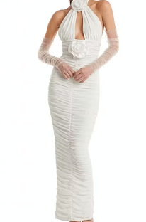 SUPER WHOLESALE | Rose Nect Decor Halter Long Dress