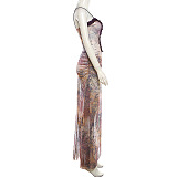 SUPER WHOLESALE | Sexy Printed Maxi Long Dress with Front Cut Out