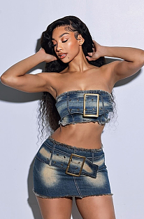 SUPER WHOLESALE | Denim Skirt Set with Bandeau Top