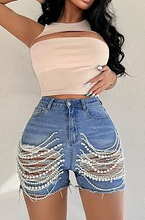 SUPER WHOLESALE | Distress Jeans Shorts Decorated with Pearls