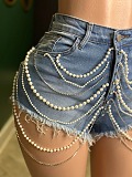 SUPER WHOLESALE | Distress Jeans Shorts Set Decorated with Pearls