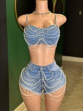 SUPER WHOLESALE | Distress Jeans Shorts Set Decorated with Pearls