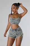 SUPER WHOLESALE | Distress Jeans Shorts Set Decorated with Pearls