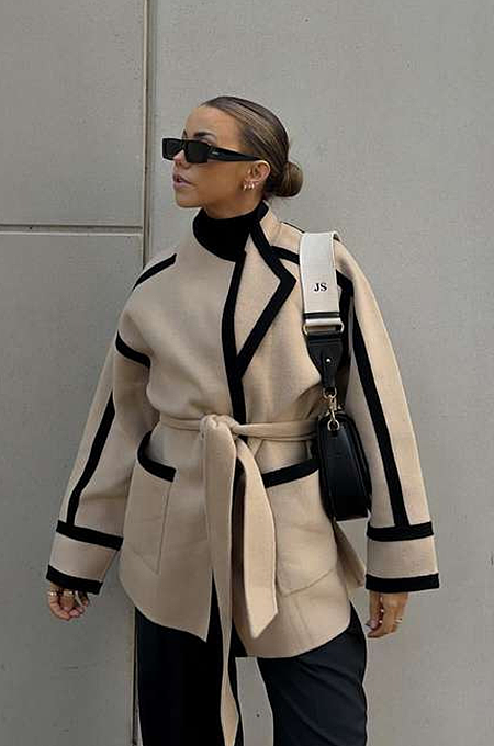 SUPER WHOLESALE | Belted Two-Tone Mid-Length Double-Faced Wool Coat