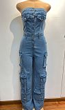 SUPER WHOLESALE | Strapless Cargo Jumpsuit in Denim