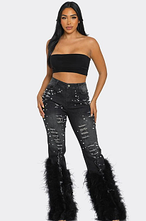 SUPER WHOLESALE | Distress Feather Bottom Jeans Decorated with Pearls