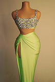 SUPER WHOLESALE| Diamond Beaded Split Skirt Set Decorated with Tank Top