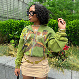 SUPER WHOLESALE| Printed Hoodie Tracking Top in Green