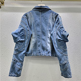 SUPER WHOLESALE| Denim Lantern Shoulder Jacket Top