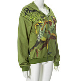 SUPER WHOLESALE| Printed Hoodie Tracking Top in Green