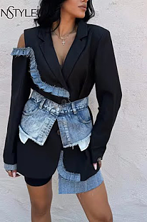 SUPER WHOLESALE| Patchword Denim Blazer