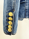 SUPER WHOLESALE| Denim Blazer Skirt Set with Gold Buttons