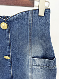 SUPER WHOLESALE| Denim Blazer Skirt Set with Gold Buttons
