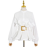 SUPER WHOLESALE| Lantern Sleeves Lotus Waist Top with Buckle