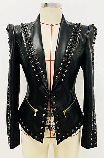 SUPER WHOLESALE|Eyelet Lace-up Fitted Leather Blazer