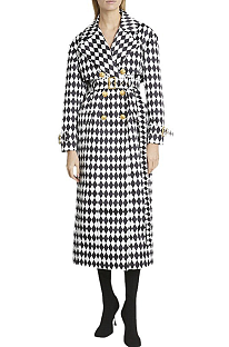 SUPER WHOLESALE|  Black and White Diamond Check Belted Long Trench Coat