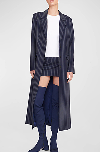 SUPER WHOLESALE| Single-breasted Striped Long Coat