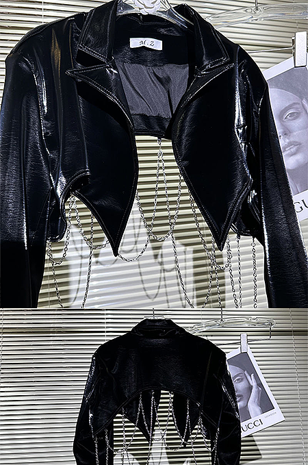 SUPER WHOLESALE|  Pu Material Chain Crop Jacket Top