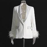 SUPER WHOLESALE|  Feather Cuffs Bling Blazer Top