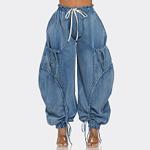 SUPER WHOLESALE | Elastic Waist Drawstring Denim Pants