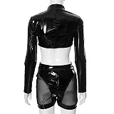 SUPER WHOLESALE | Pu Mesh Shorts Set with Crop Jacket Top