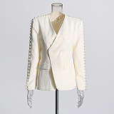 SUPER WHOLESALE | Pearl-Decorated V-Neck Solid Color Blazer