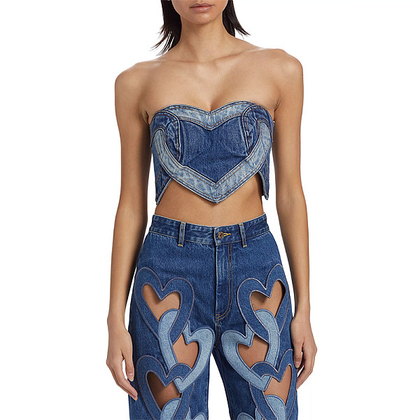 SUPER WHOLESALE | Vintage Washed Heart Patch  Denim Bustier Top