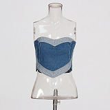 SUPER WHOLESALE | Vintage Washed Heart Patch  Denim Bustier Top