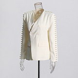 SUPER WHOLESALE | Pearl-Decorated V-Neck Solid Color Blazer